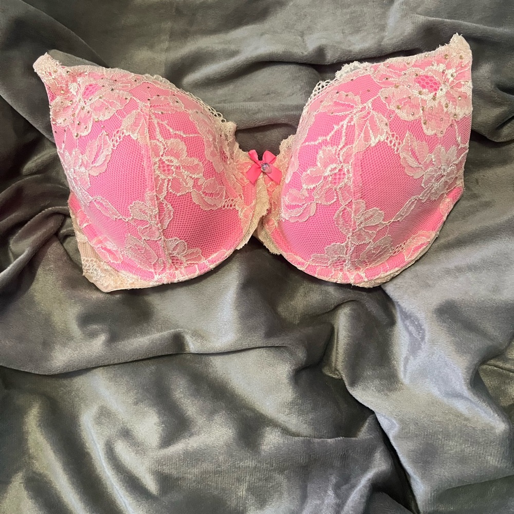 VS Hot pink Barbie style bra in pink and cream with jewel embellishments